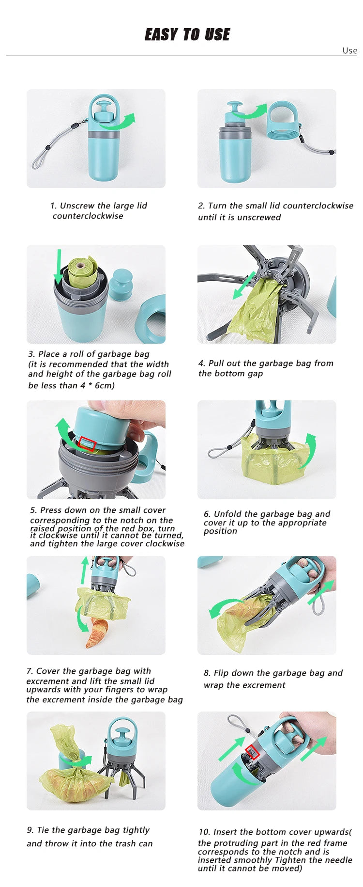 Portable Dog Pooper Scooper Outdoor Pet Waste Pick-up Cleaner Built-in Garbage Bag Handheld Pet Poop Grabber No Touch Design