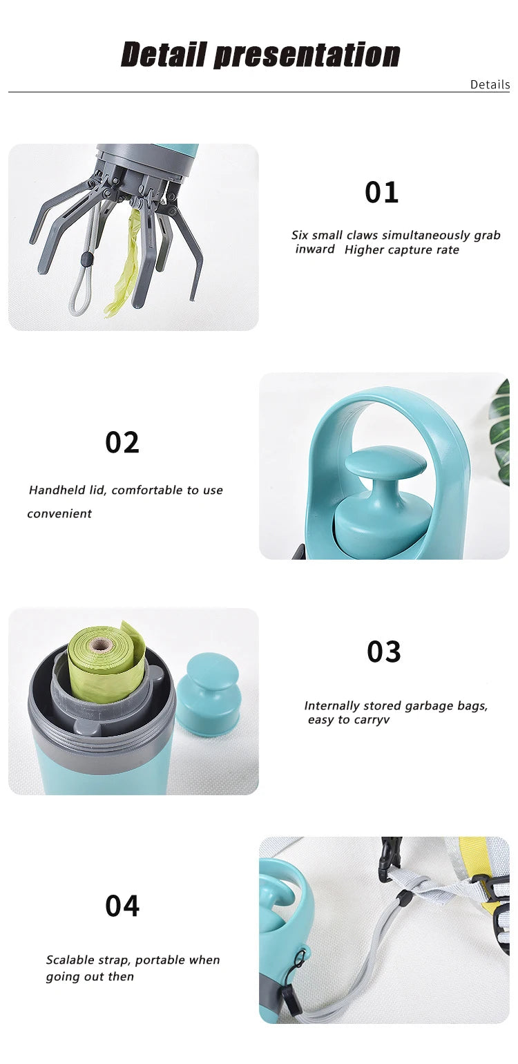 Portable Dog Pooper Scooper Outdoor Pet Waste Pick-up Cleaner Built-in Garbage Bag Handheld Pet Poop Grabber No Touch Design